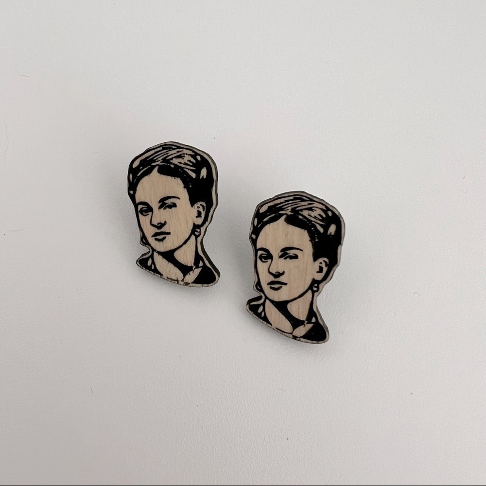 Frida Kahlo Wooden Earrings - Natural Boho Chic
